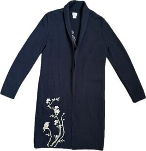 Chico’s Embroidered Black Open Long Cardigan Coat Knit Small Knit 0 Gold Floral
